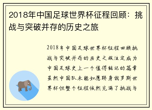 2018年中国足球世界杯征程回顾：挑战与突破并存的历史之旅